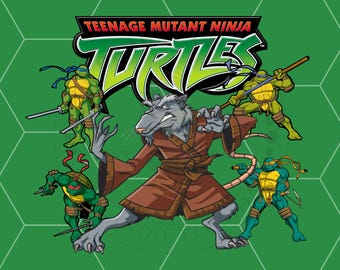 May include: Illustration featuring the Teenage Mutant Ninja Turtles and Splinter. The turtles are in their signature colors: green, blue, orange, and yellow. Splinter is a gray rat in a brown robe. The background is green with a hexagonal pattern.