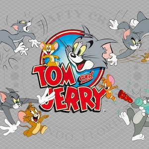May include: Cartoon image featuring Tom and Jerry characters in action poses. The Tom and Jerry logo is in the centre, surrounded by illustrations of the cat and mouse duo. The background is a grey, diamond-patterned design.