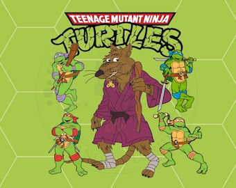 May include: Illustration featuring the Teenage Mutant Ninja Turtles and Splinter. The turtles are green with colored masks and weapons. Splinter, a brown rat, wears a purple robe and carries a staff. The background is light green with a hexagonal pattern.
