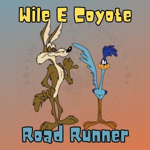 May include: Cartoon image of Wile E. Coyote and Road Runner. Wile E. Coyote is brown and Road Runner is blue. The text "Wile E Coyote" is at the top, and "Road Runner" is at the bottom. The background is a gradient of orange and grey.