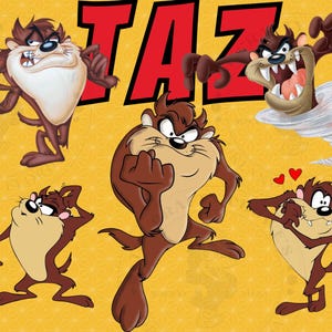May include: A cartoon illustration featuring the Tasmanian Devil, also known as Taz, in various poses. The word "TAZ" is displayed in red block letters. The background is yellow.