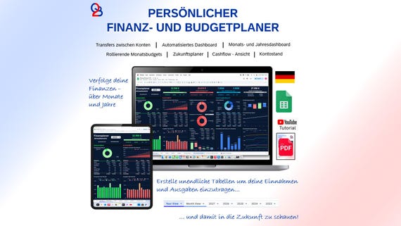 Persönlicher Finanzplaner und Budgetplaner mit Jahres- und Monats Dashboard - Google Sheets