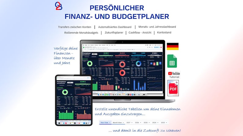 May include: A laptop and tablet display a financial planning dashboard with charts and graphs. The image includes the text "PERS&Ouml;NLICHER FINANZ- UND BUDGETPLANER" and other financial terms. A German flag, a PDF icon, and a YouTube tutorial icon are also visible.