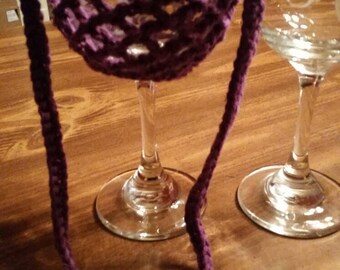 Etched monogram wine glass with crochet lanyard