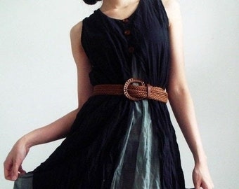 D6, Two Tone Two Layers Sleeveless Black Cotton Dress