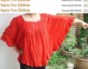 B8, Bright Red Butterfly Effect Cotton Blouse, red blouse