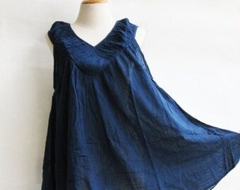 B9, Sky Sleeveless V Neck Dark Blue Cotton Blouse, handmade