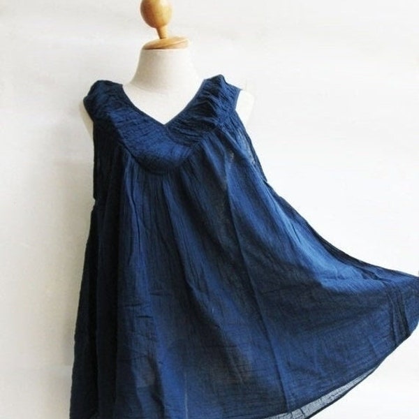 B9, Sky Sleeveless V Neck Dark Blue Cotton Blouse, handmade