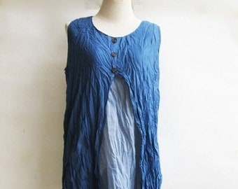 D6, Two Tone Two Layers Sleeveless Blue Cotton Dress