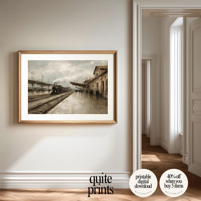 Pintura al óleo de una estación de tren de vapor vintage / Arte mural ...