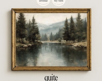 Misty Alpine Lake Reflection Oil Painting | Grand Mountain Landscape Wall Art (Digital Download)