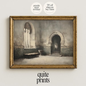 May include: A framed digital print of an interior scene with arched doorways and a window. The artwork features a muted color palette with shades of gray, beige, and gold. The text "printable digital download" and "70% off when you buy 5 items" are visible.