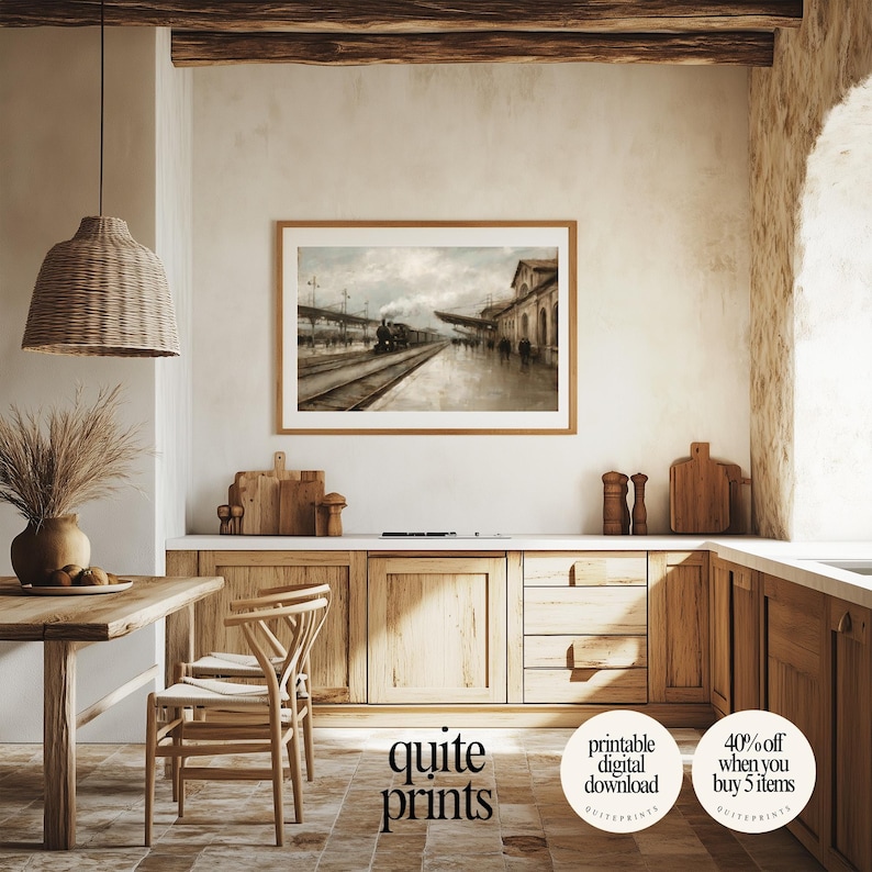 Pintura al óleo de una estación de tren de vapor vintage / Arte mural ...