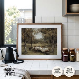 Rustic kitchen wall decor with printable Vintage Garden Dining Table Painting artwork | Digital download wall art framed on top of counter | Neutral Vintage house design