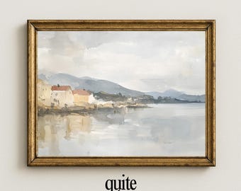 Acuarela de un pueblo costero mediterráneo con paisaje costero, descarga digital / Arte mural imprimible de cocina mediterránea