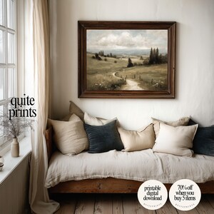 Rustic wooden frame with printable Vintage Botanical Meadow Oil Painting wall art above a sofa and near a window | Digital download artwork with Soft tones | Vintage house wall decor