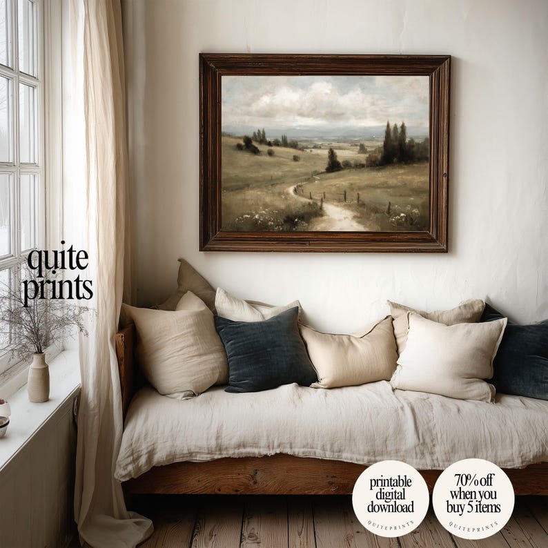 Rustic wooden frame with printable Vintage Botanical Meadow Oil Painting wall art above a sofa and near a window | Digital download artwork with Soft tones | Vintage house wall decor
