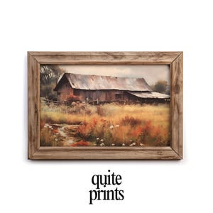 Rustic Barn Wildflower Landscape: Vintage Farmhouse Wall Art, Country Autumn Scene Digital Download