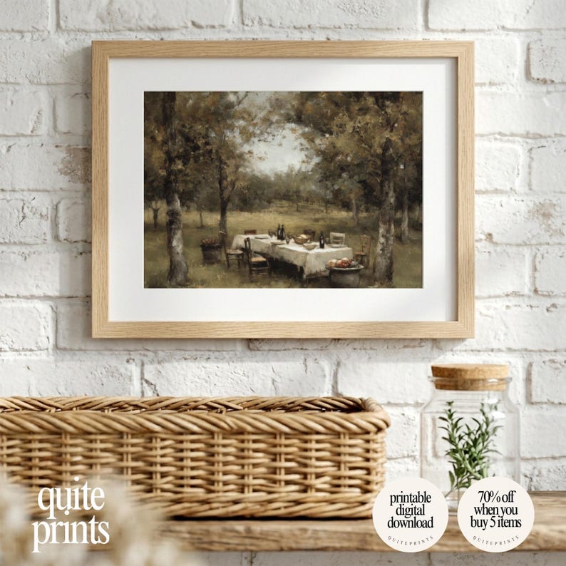 Printable Vintage Garden Dining Table Painting wall art in an antique brick wall | Digital download artwork framed | Vintage house wall decor with Soft tones