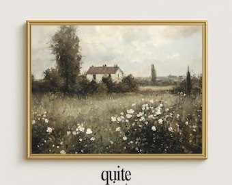 Vintage Cottage Painting Print: Antique Countryside Field Art (Printable Digital Download)