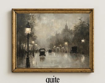 Vintage Rainy Street Scene Painting: Dark and Moody Urban Landscape (Printable Digital Download)