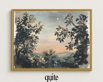Pintura de paisaje vintage al atardecer: Arte natural de la hora dorada (Descarga digital)