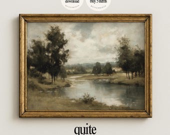 May include: A framed landscape painting with a gold-colored frame. The artwork depicts a serene river scene with trees and a cloudy sky. The text "printable digital download" and "70% off when you buy 5 items" are in the upper corners. The words "quite prints" are at the bottom.