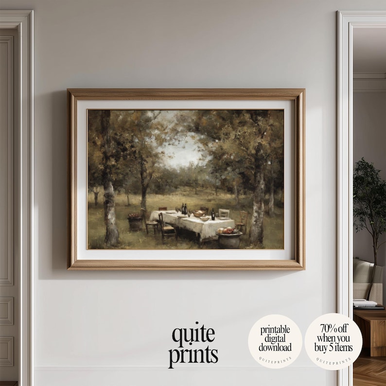 Printable Vintage Garden Dining Table Painting wall art in a corridor near a living room | Digital download artwork framed in the wall | Vintage house wall decor with Soft tones