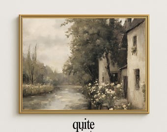 Vintage Cottage Landscape Print: Rustic Riverside Painting (Printable Digital Download)