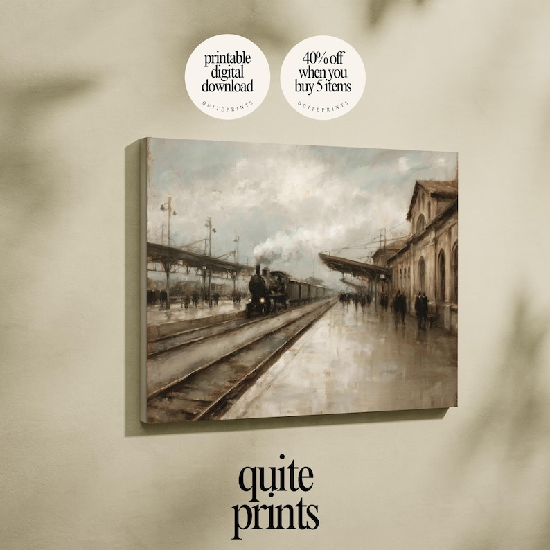Pintura al óleo de una estación de tren de vapor vintage / Arte mural ...