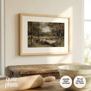 Rustic kitchen wall decor with printable Vintage Garden Dining Table Painting artwork | Digital download wall art framed on top of old wooden table | Neutral Vintage house design