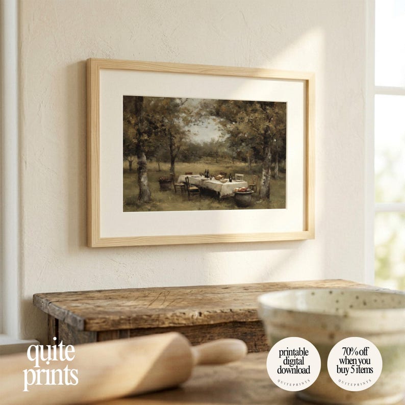 Rustic kitchen wall decor with printable Vintage Garden Dining Table Painting artwork | Digital download wall art framed on top of old wooden table | Neutral Vintage house design