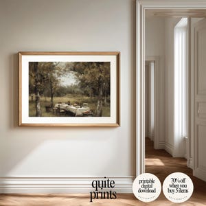 Printable Vintage Garden Dining Table Painting wall art in a wall of an empty living room | Digital download artwork framed in the wall | Vintage house wall decor with Soft tones