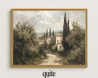 May include: A framed landscape painting depicts a rural scene with buildings, trees, and a path. The artwork features a muted color palette of greens, browns, and grays, with a gold-colored frame. The text "quite prints" is at the bottom.