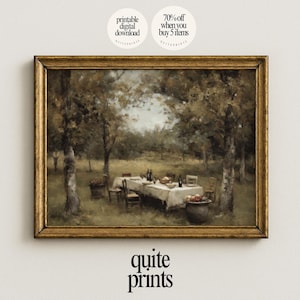 May include: A framed oil painting print featuring an outdoor dining scene in a wooded area. A long table with a white cloth is set with dishes and bottles among trees. The text "printable digital download" and "70% off when you buy 5 items" appears above the frame, with "quite prints" below.