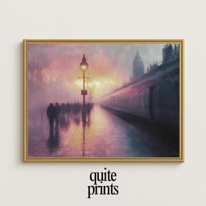 Pintura al óleo de una estación de tren rústica / Arte mural vintage de una ciudad europea (descarga digital)