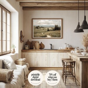 Rustic kitchen wall decor with printable Vintage Botanical Meadow Oil Painting artwork | Digital download wall art framed on wall above wooden counter | Neutral Vintage house design