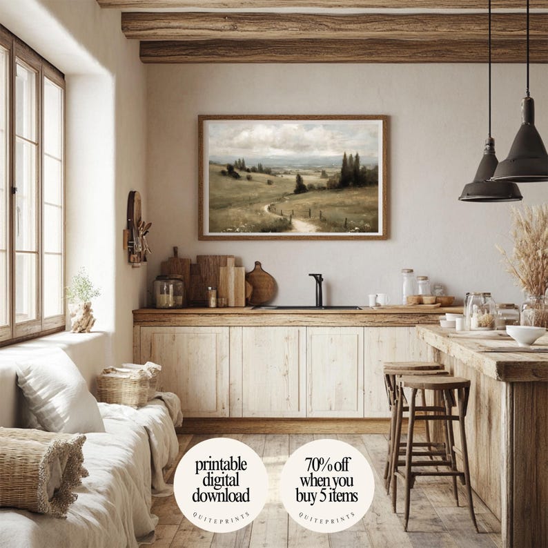 Rustic kitchen wall decor with printable Vintage Botanical Meadow Oil Painting artwork | Digital download wall art framed on wall above wooden counter | Neutral Vintage house design