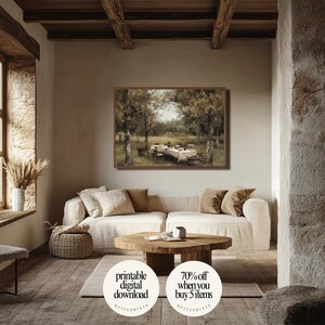 Printable Vintage Garden Dining Table Painting wall art in cozy living room | Digital download artwork framed above sofa | Vintage house wall decor with Soft tones