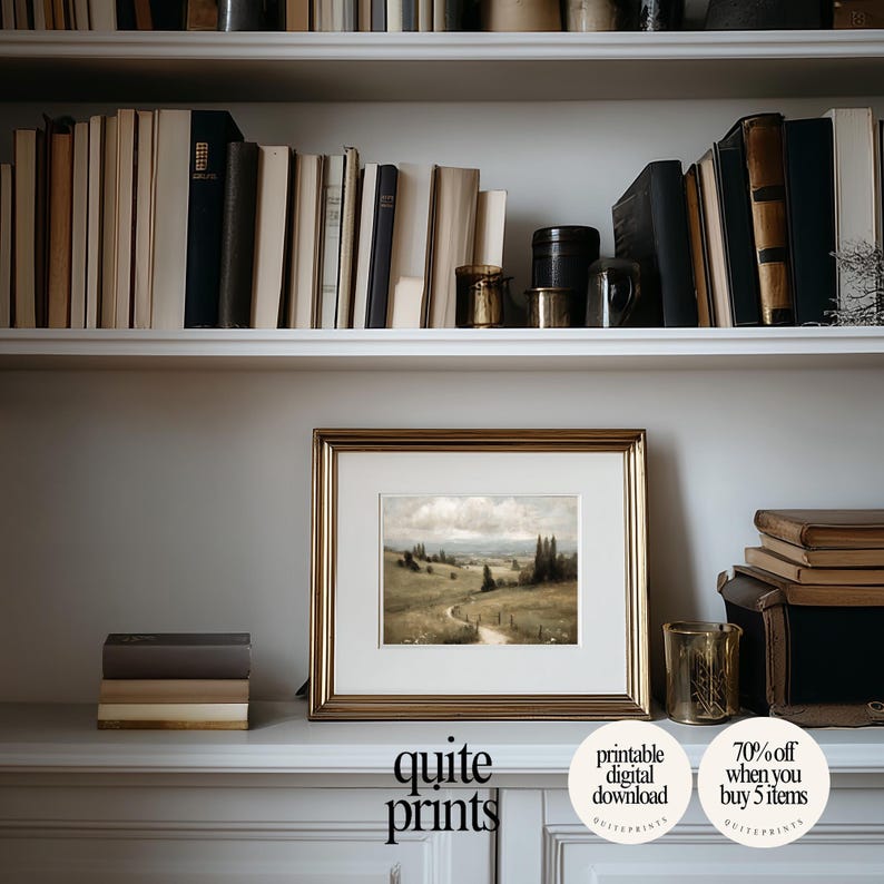 Framed printable Vintage Botanical Meadow Oil Painting artwork in a little frame near a bookshelf | Digital download wall art with Soft tones | Vintage Vintage house poster print