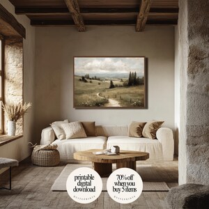Printable Vintage Botanical Meadow Oil Painting wall art in cozy living room | Digital download artwork framed above sofa | Vintage house wall decor with Soft tones