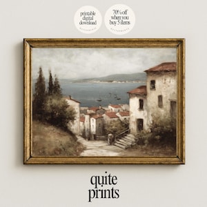 Rustic wooden frame with printable Tuscan Countryside Oil Painting wall art | Digital download artwork with Soft tones | Vintage house wall decor