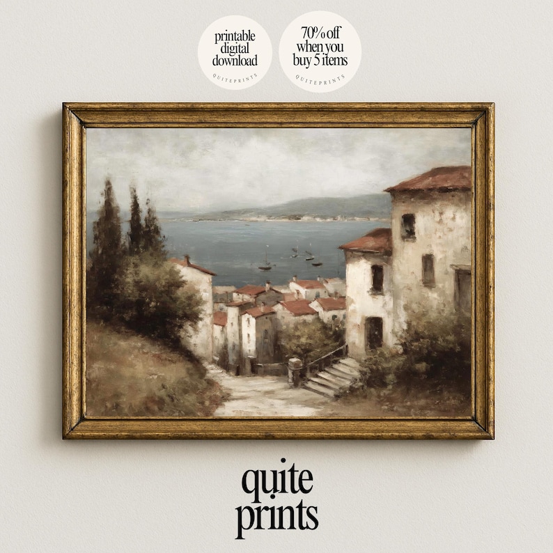 Rustic wooden frame with printable Tuscan Countryside Oil Painting wall art | Digital download artwork with Soft tones | Vintage house wall decor