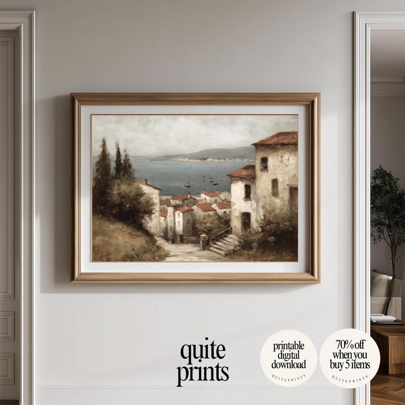 Printable Tuscan Countryside Oil Painting wall art in a corridor near a living room | Digital download artwork framed in the wall | Vintage house wall decor with Soft tones
