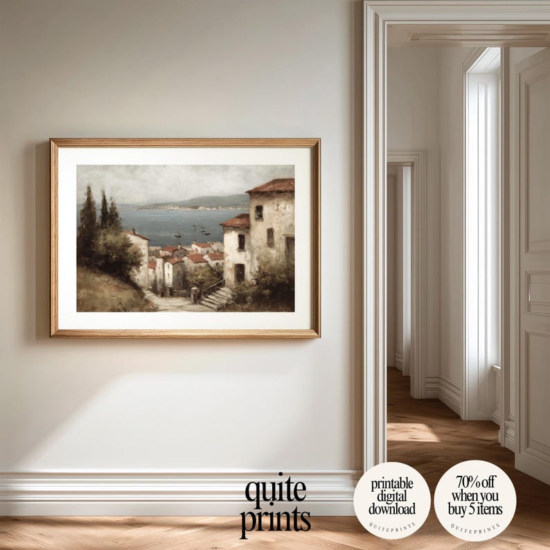 Printable Tuscan Countryside Oil Painting wall art in a wall of an empty living room | Digital download artwork framed in the wall | Vintage house wall decor with Soft tones