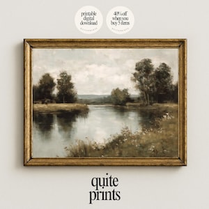 May include: A framed landscape painting with a gold-colored frame. The artwork depicts a serene river scene with trees and a cloudy sky. The text "printable digital download" and "40% off when you buy 5 items" are in the top corners. The text "quite prints" is at the bottom.