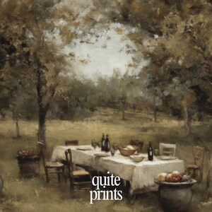 Close up of printable wall art featuring Vintage Garden Dining Table Painting | Neutral Soft tones | Digital download artwork for Vintage house decor