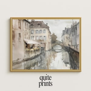 Vintage European Canal Scene Print: Rustic Waterfront Architecture (Digital Download