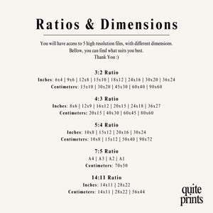 Printable wall art size guide with aspect ratios and dimensions in inches and cm | Digital download poster print ratios for easy home printing | Modern wall decor guide