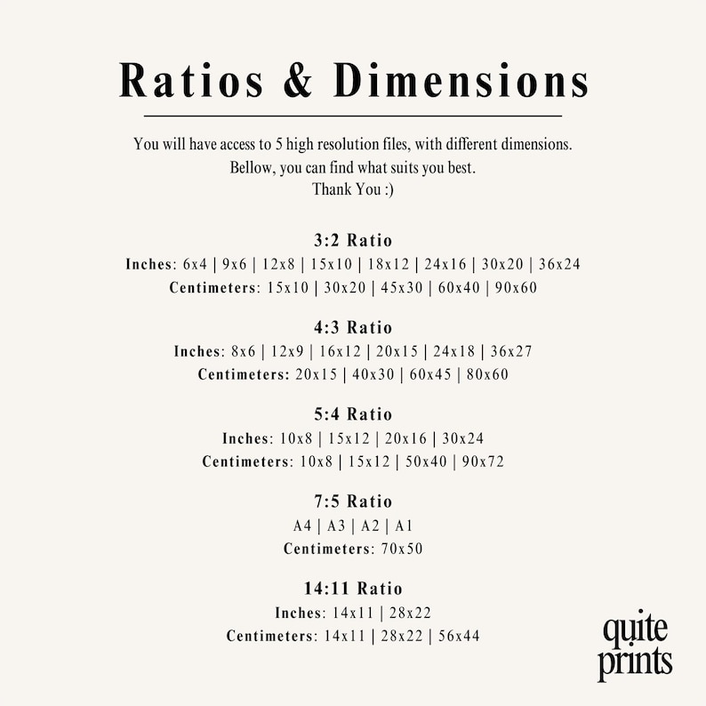 Printable wall art size guide with aspect ratios and dimensions in inches and cm | Digital download poster print ratios for easy home printing | Modern wall decor guide